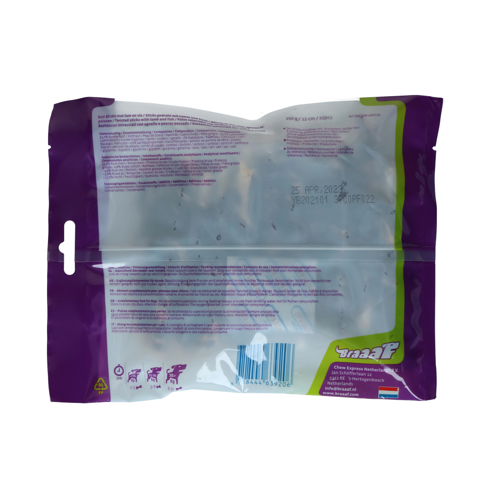 Braaaf Roll sticks 12 cm lam en vis