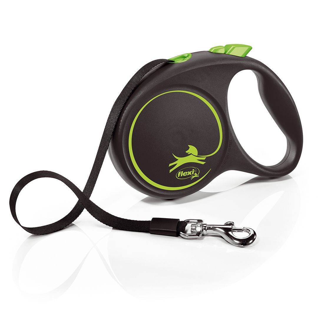 Flexi Rollijn Black Design - Tot 25 KG - Brede Band - 5 Meter - Zwart & Groen