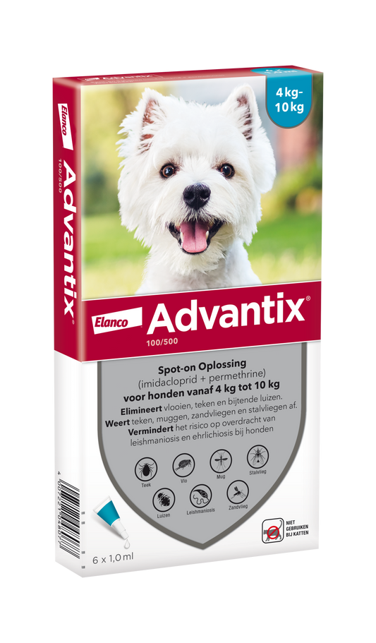 Advantix vlooien- en tekenpipet voor honden 100/500 (4 tot 10 kg) 6 pipetten