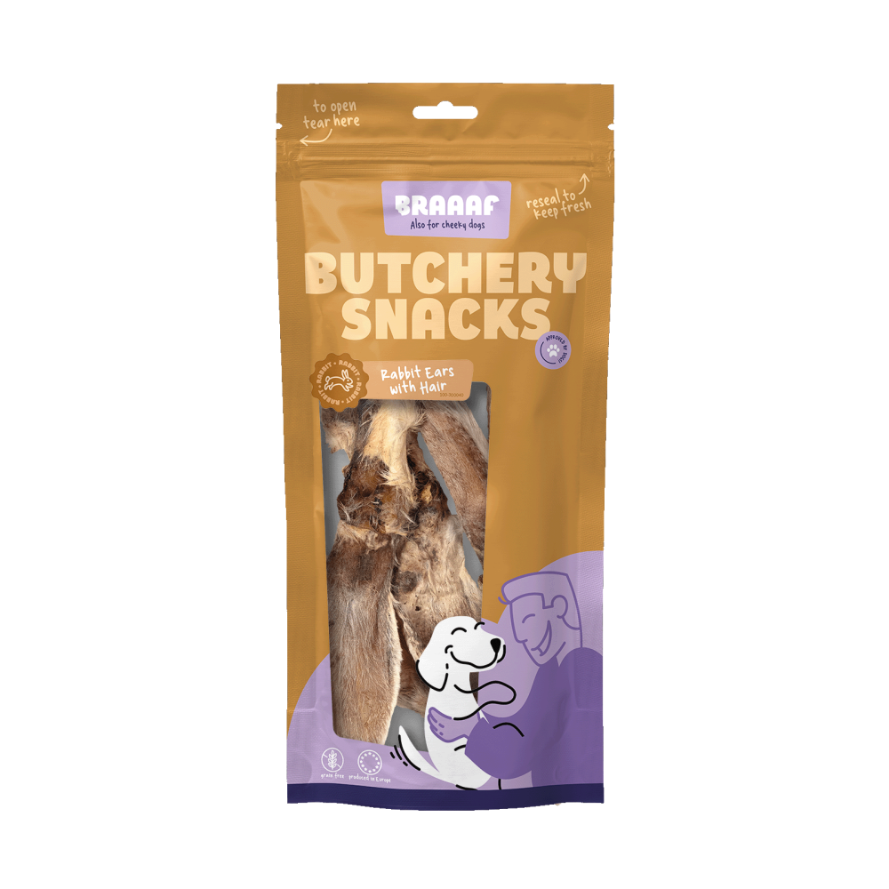Braaaf Butchery Snacks Konijnenoren met haar 80 g