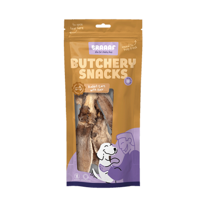Braaaf Butchery Snacks Konijnenoren met haar 80 g