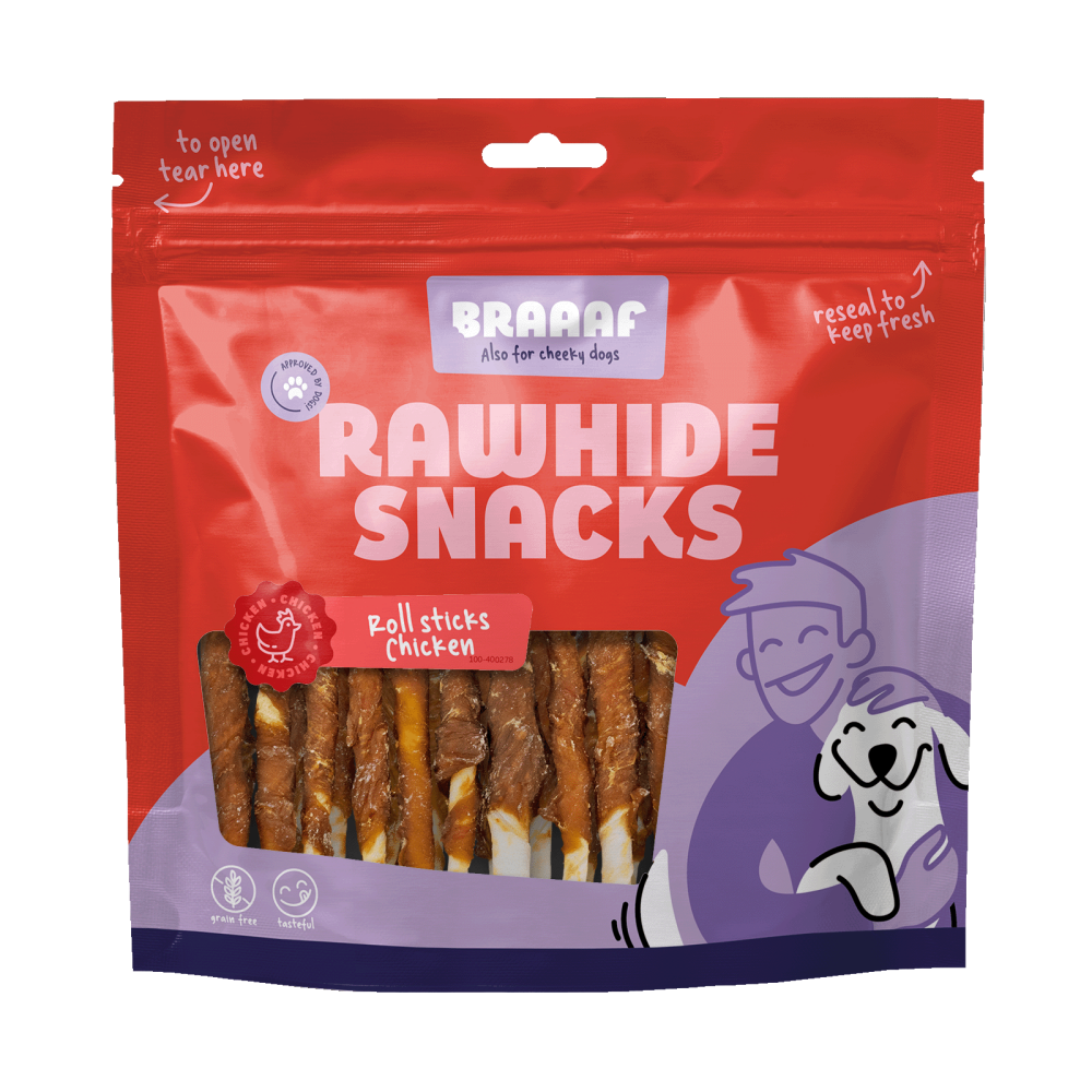 Braaaf Rawhide Roll Sticks Kip - 30 st.