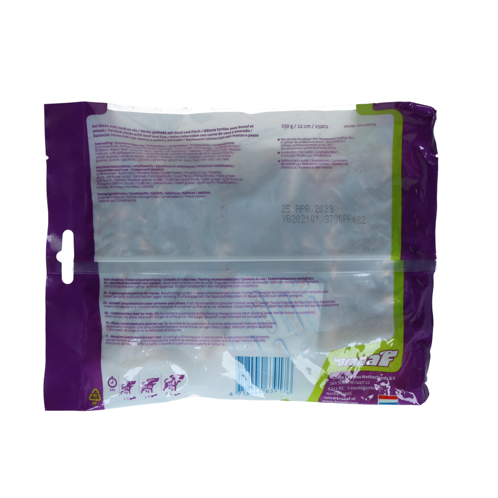 Braaaf Rawhide Roll Sticks Rund & Vis - 25 st.