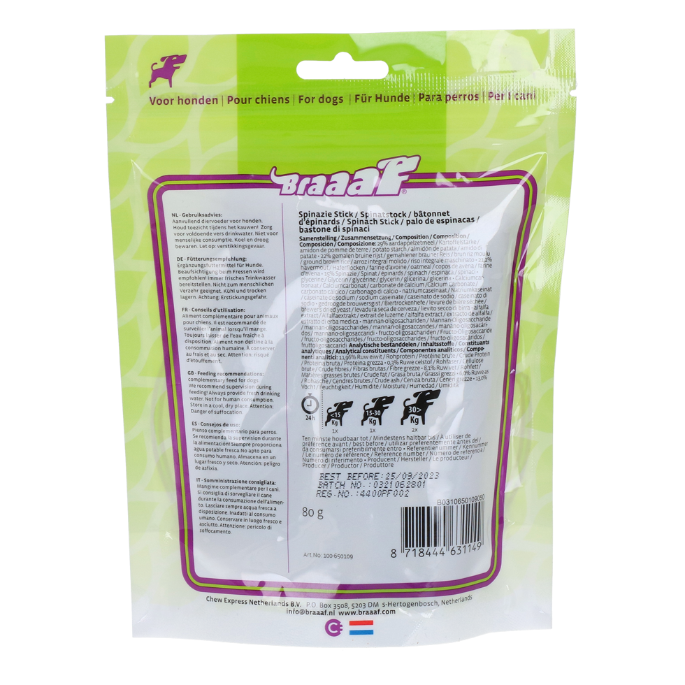Braaaf Vegan Snack Spinazie Stick - 12 cm