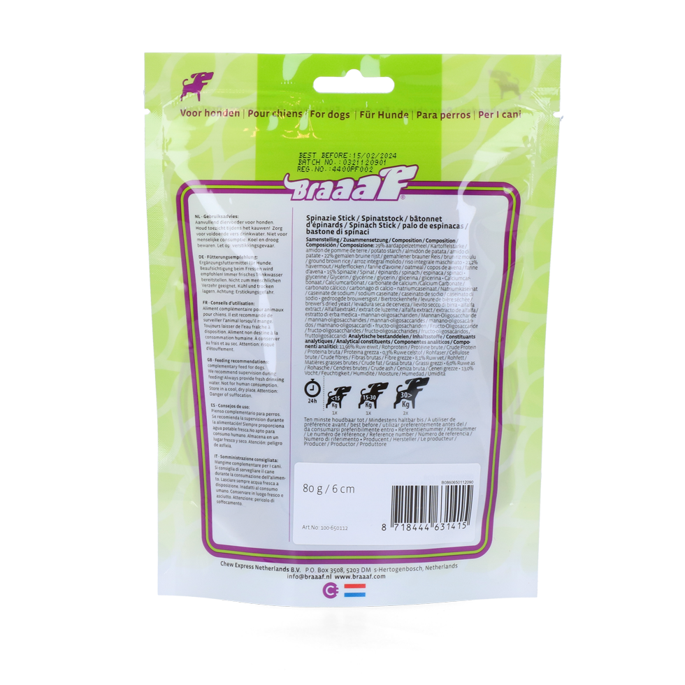 Braaaf Vegan Snack Spinazie Stick - 6 cm