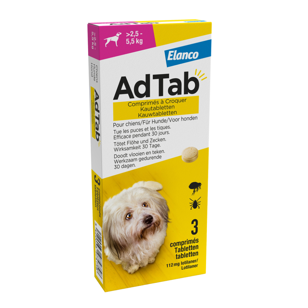 Adtab kauwtablet voor honden (&gt;2,5 - 5,5 kg) 3 tabletten