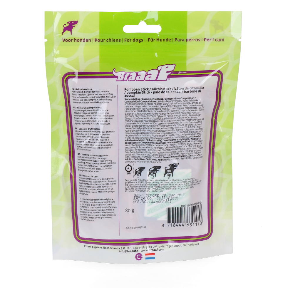 Braaaf VEGAN snack pompoen stick 80 g